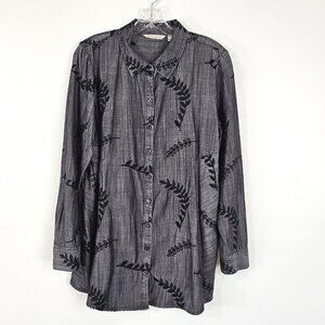 Soft Surroundings Womens Button Down Shirt Size Large Gray Black Papyrus Floral